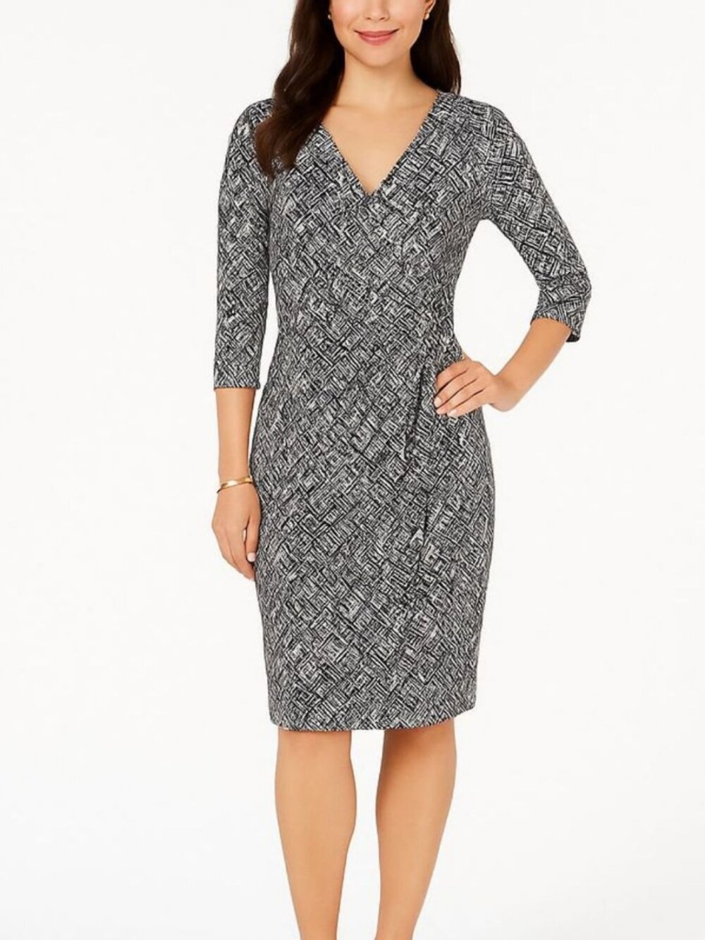 Lauren Ralph Lauren Faux Wrap Dress Jersey Stretch Black White Print Size 8
